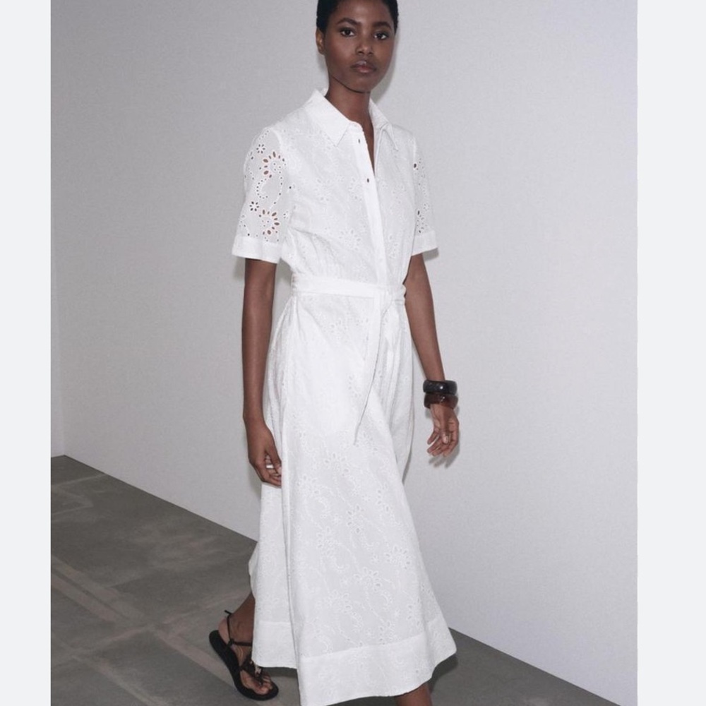 Zara NWT ZW Collection white embroidered belted midi dress short sleeve 8223/087 - Picture 7 of 8
